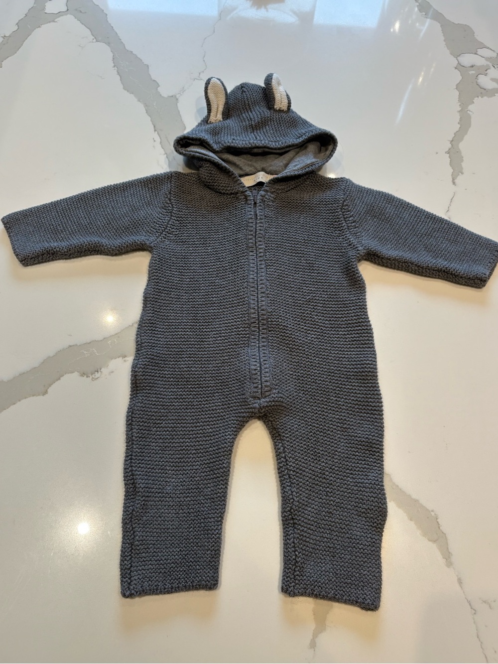 Stella McCartney Kids, Baby 6 Mo Gray Hooded Knit Zipper Romper with Bunny Ears